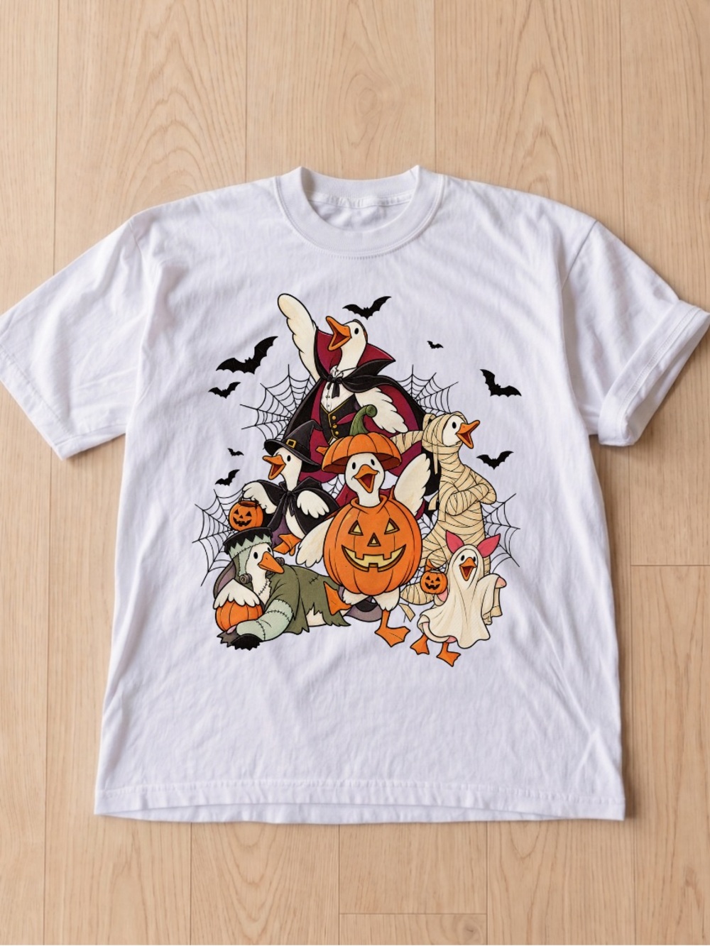 Gildan White Halloween Goose Graphic Tee with Orange Pumpkin Accents